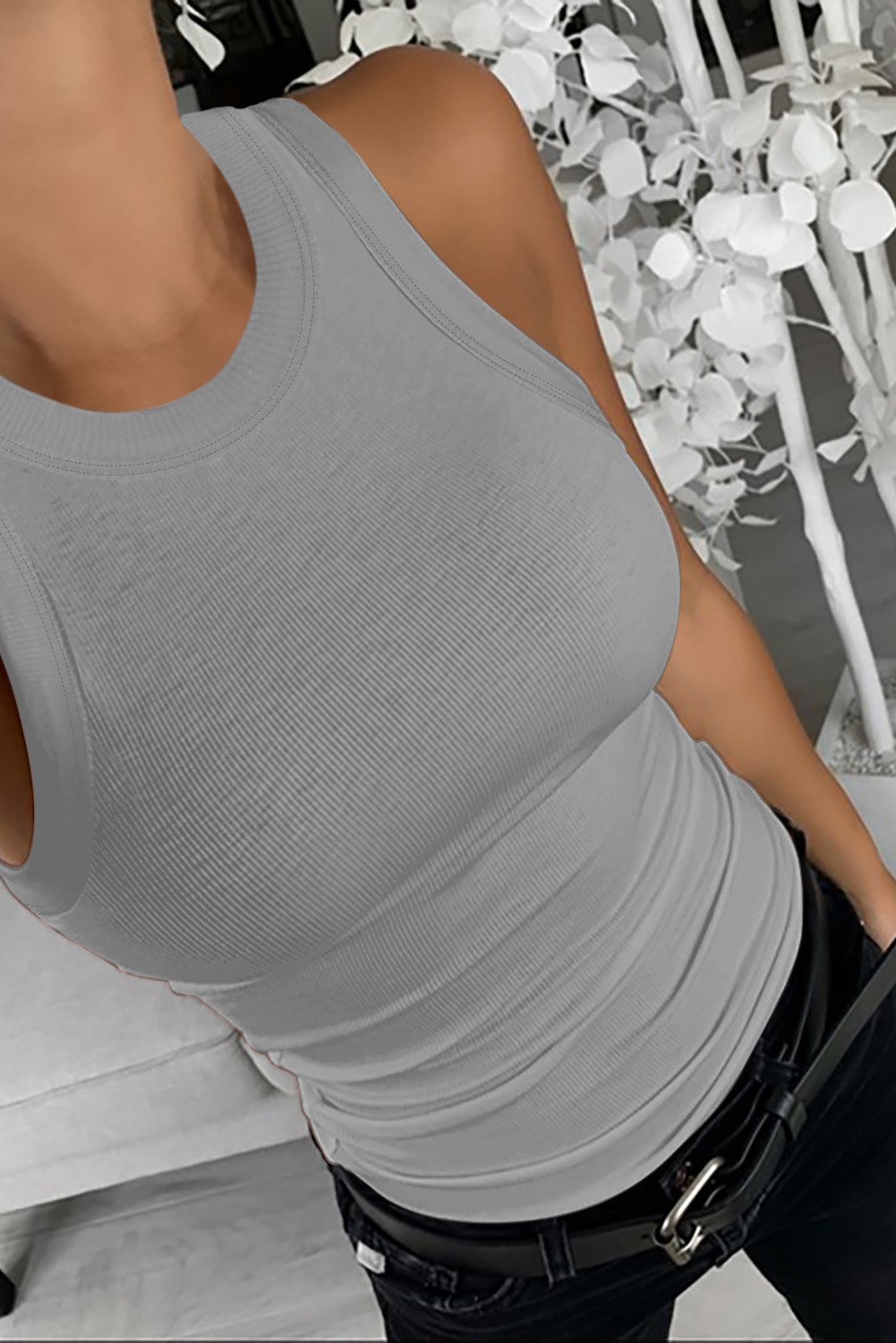 Women's Casual Solid Gray Round Neck Ribbed Tank Top displayed on a mannequin, showcasing its sleeveless design and ribbed texture.