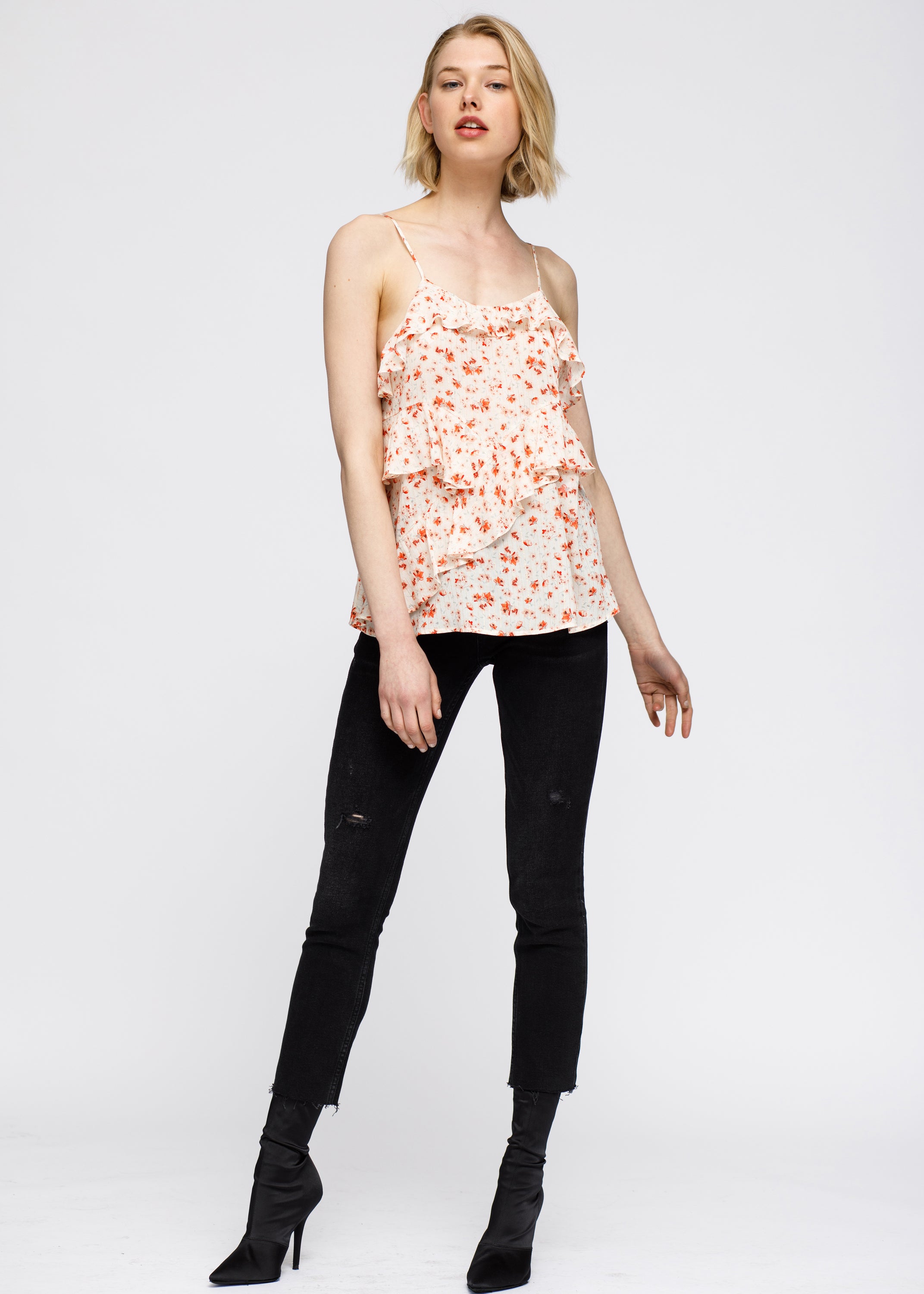 Women's Fall Garden Asymmetrical Ruffle Camisole in Coral Gold, featuring a flirty ruffle design and soft peach twill fabric.