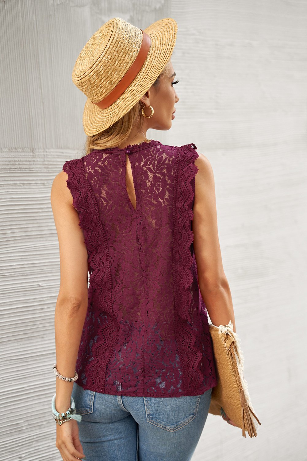 Women's wine red lace v neck summer tank top with scalloped lace trims and hollow-out back design, perfect for summer occasions.