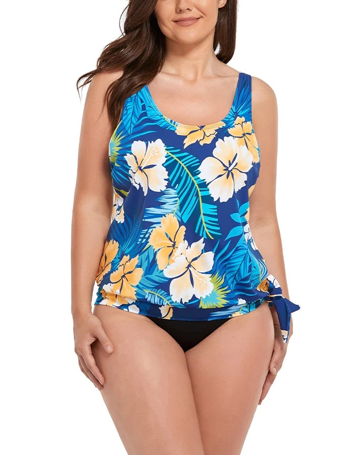 Yellow Flower Side Tie Blouson Tankini Top featuring a scoop neck and side-tie hemline, made from soft nylon and spandex blend.