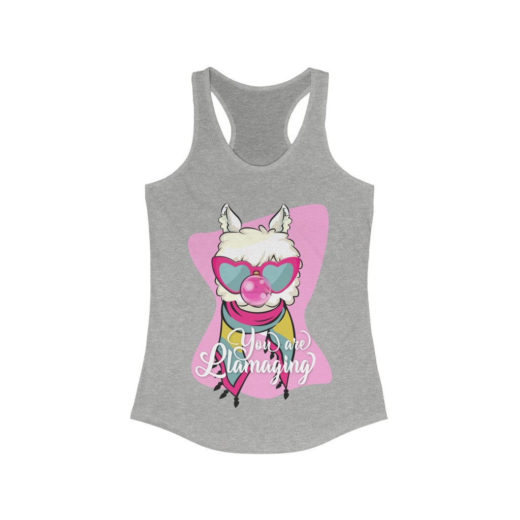 You are Llamaging Racerback Tank Top in a stylish slim fit, showcasing its lightweight fabric and racerback design.