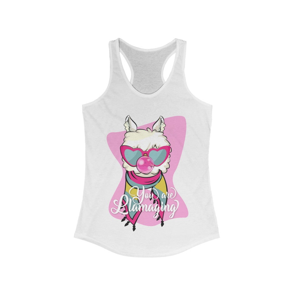 You are Llamaging Racerback Tank Top in a stylish slim fit, showcasing its lightweight fabric and racerback design.