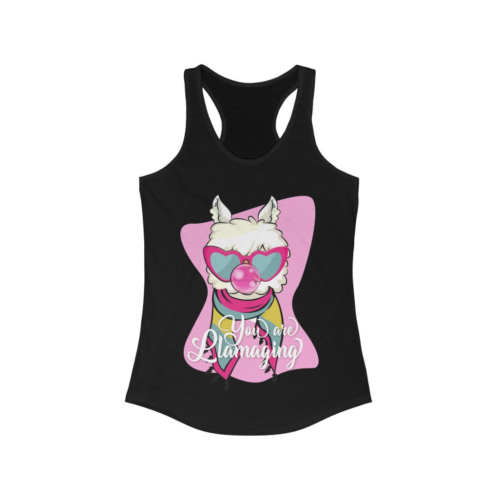 You are Llamaging Racerback Tank Top in a stylish slim fit, showcasing its lightweight fabric and racerback design.