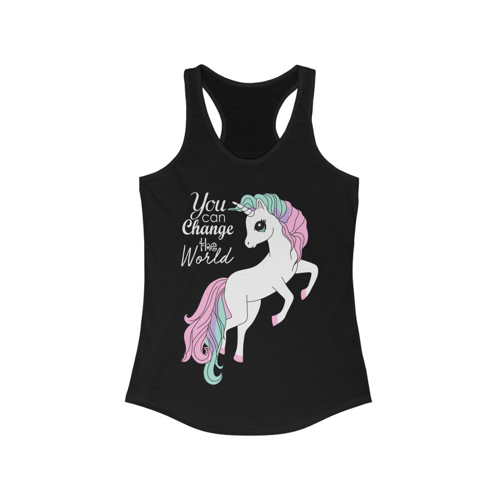 You Can Change the World Unicorn Racerback Tank Top featuring a colorful unicorn graphic on a slim fit design.