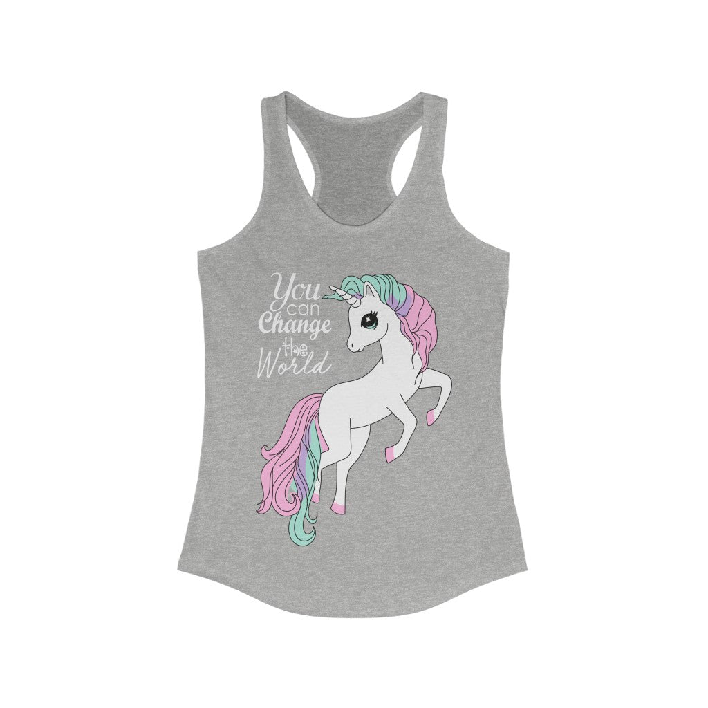 You Can Change the World Unicorn Racerback Tank Top featuring a colorful unicorn graphic on a slim fit design.