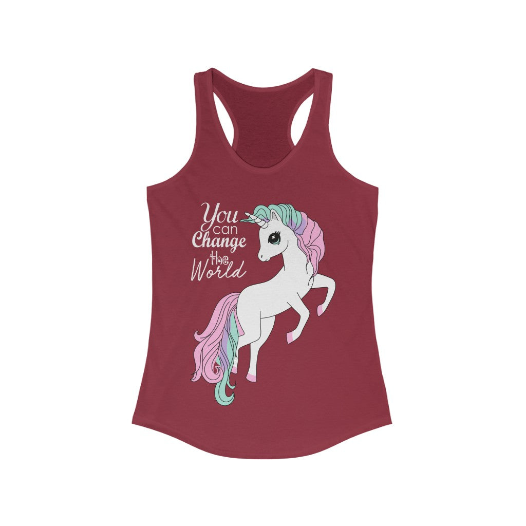 You Can Change the World Unicorn Racerback Tank Top featuring a colorful unicorn graphic on a slim fit design.