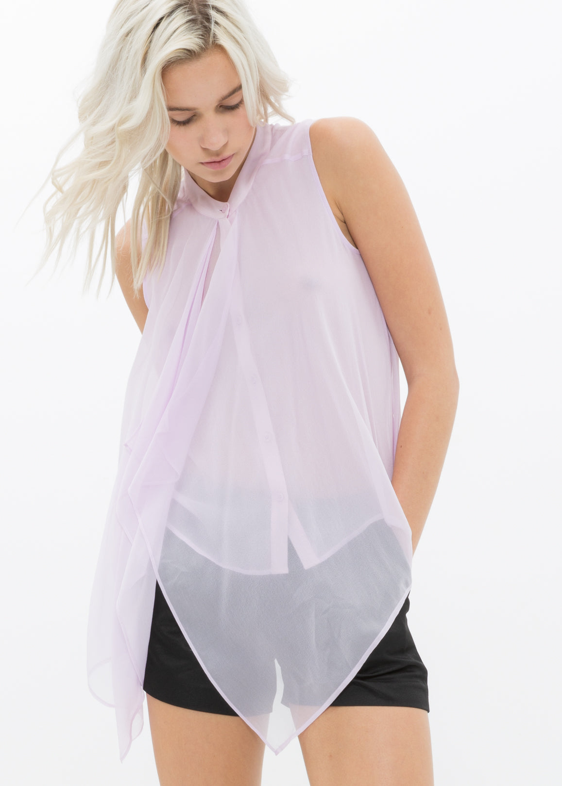 A stylish 100% silk drape blouse top featuring a button-up design and layered look, perfect for elegant occasions.