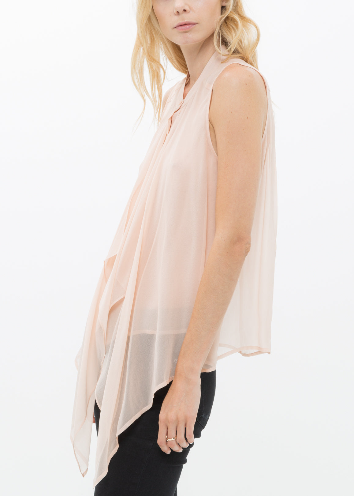 A stylish 100% silk drape blouse top featuring a button-up design and layered look, perfect for elegant occasions.