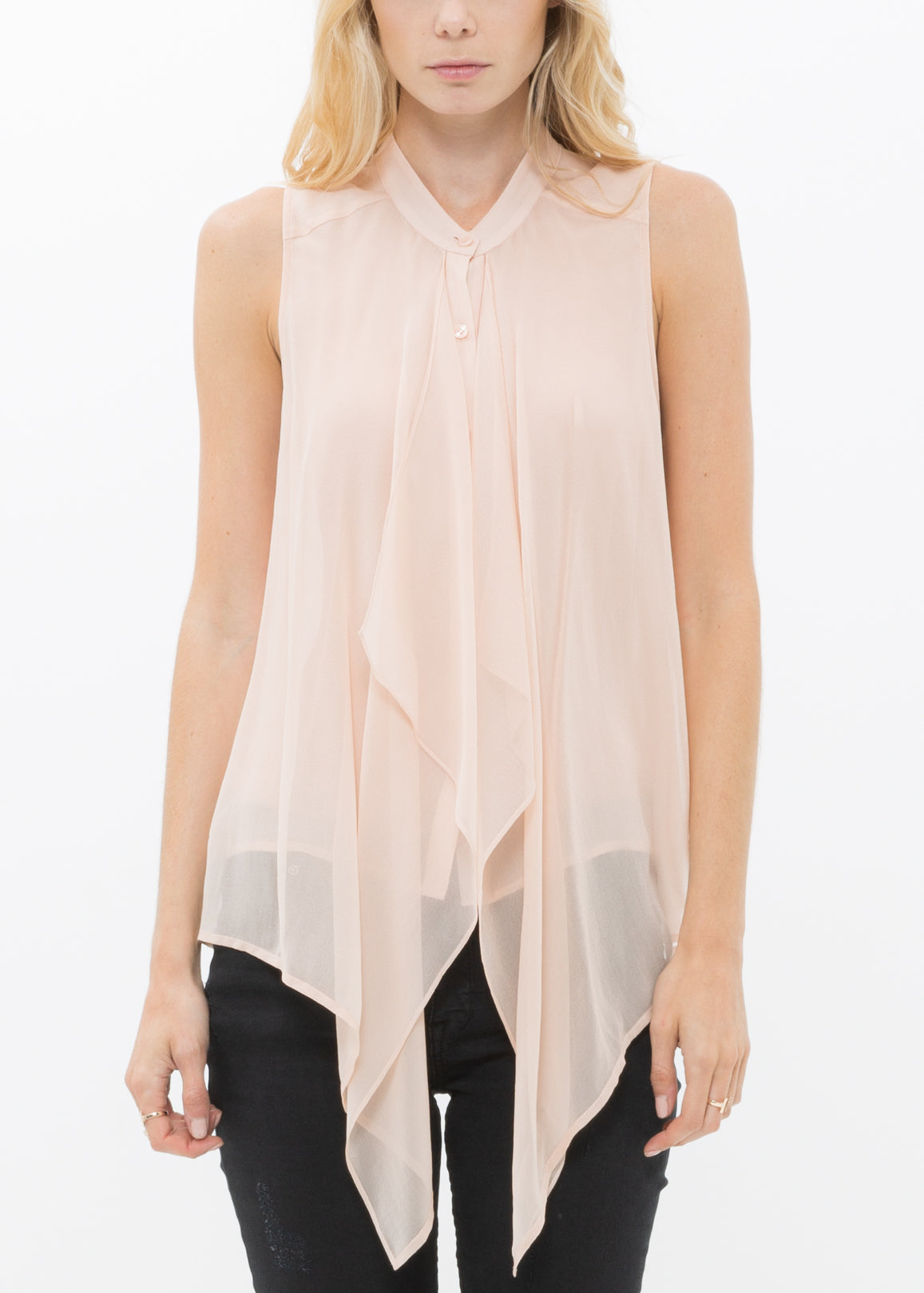 A stylish 100% silk drape blouse top featuring a button-up design and layered look, perfect for elegant occasions.