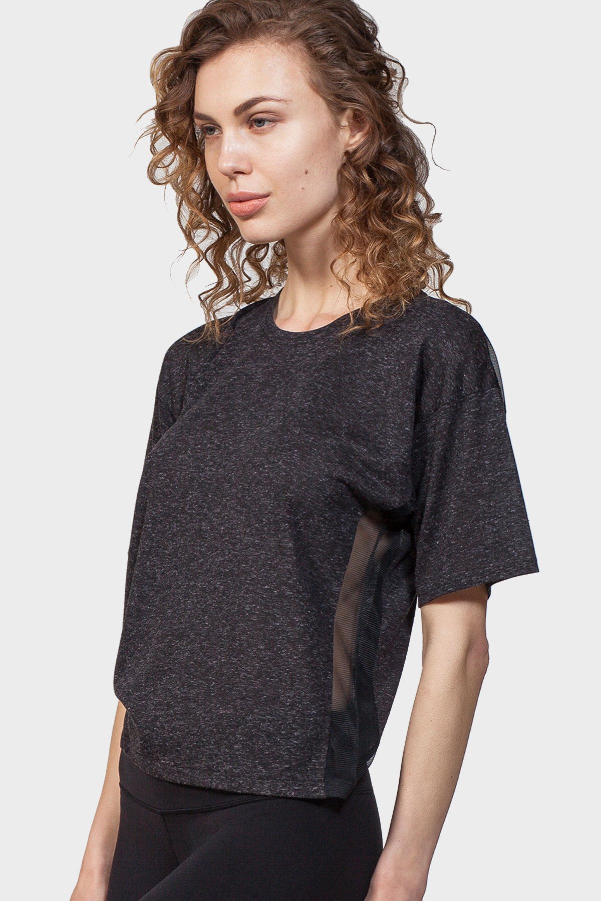 Back Mesh Yoke Top featuring a crew neck, peek-a-boo mesh details, and a boxy fit, perfect for stylish comfort.