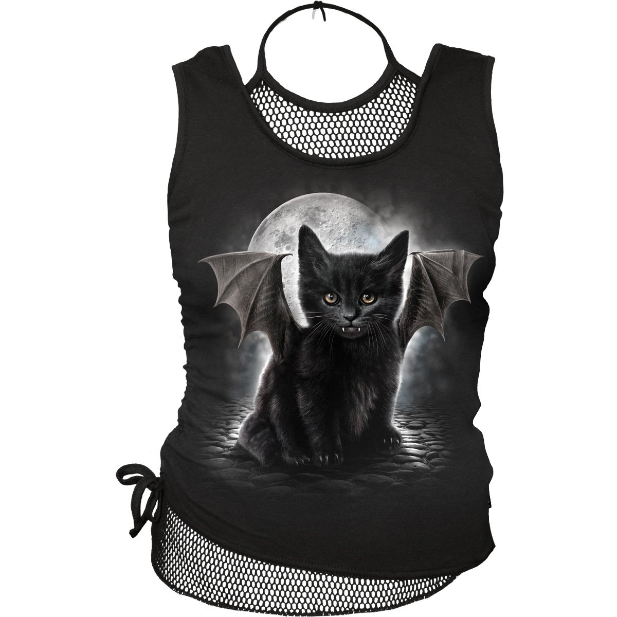 A stylish black mesh top featuring a vampire kitten graphic under the moonlight, with a neck tie detail for added flair.