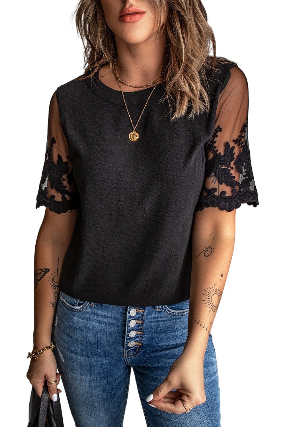 A stylish black lace short sleeve top featuring sheer floral mesh sleeves and a round neckline, perfect for summer wear.