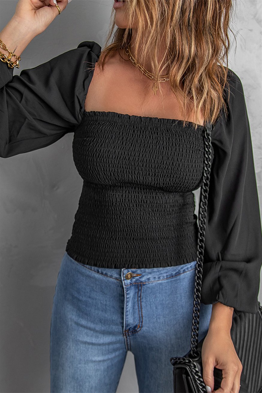 Black Puff Sleeve Smocked Top featuring a square neckline and elegant puff sleeves, perfect for casual wear.