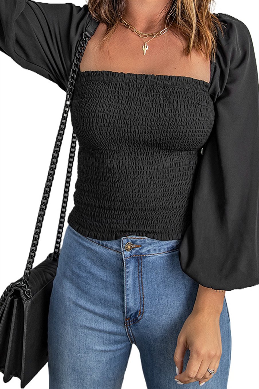 Black Puff Sleeve Smocked Top featuring a square neckline and elegant puff sleeves, perfect for casual wear.