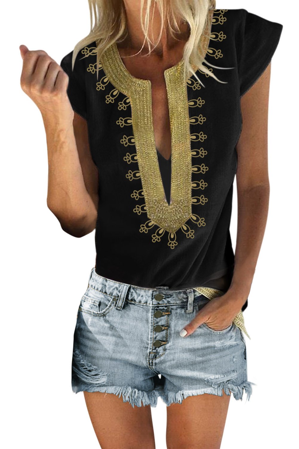 Black short sleeve blouse featuring a bohemian floral print and deep v-neck design, perfect for summer wear.