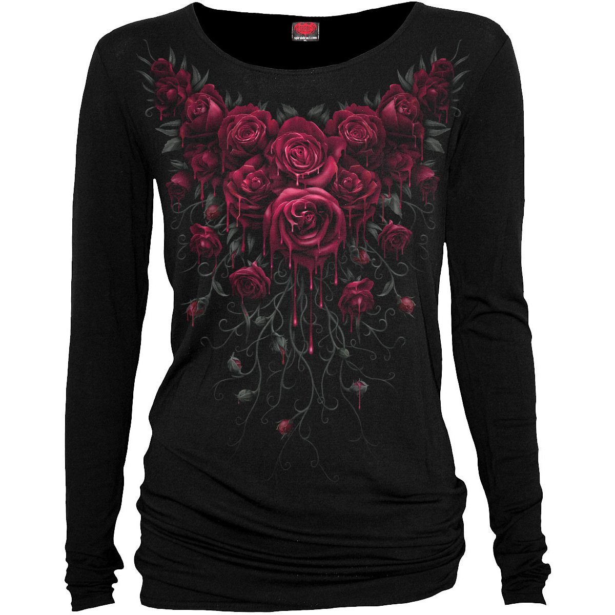 A black baggy top featuring a gothic rose design with blood accents, made from soft viscose and elastane blend.