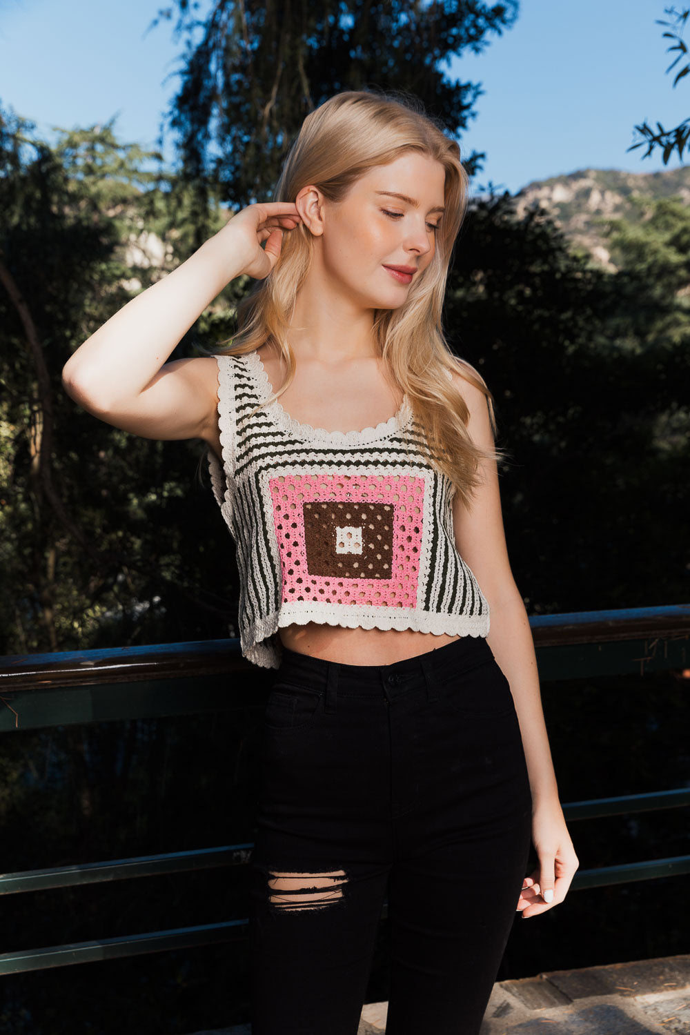 A stylish Bohemian Fusion Multi-Patterned Crochet Stitched Top showcasing intricate crochet patterns in a soft cotton fabric, perfect for boho-chic fashion.