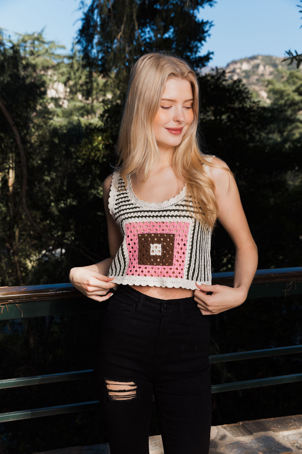 A stylish Bohemian Fusion Multi-Patterned Crochet Stitched Top showcasing intricate crochet patterns in a soft cotton fabric, perfect for boho-chic fashion.