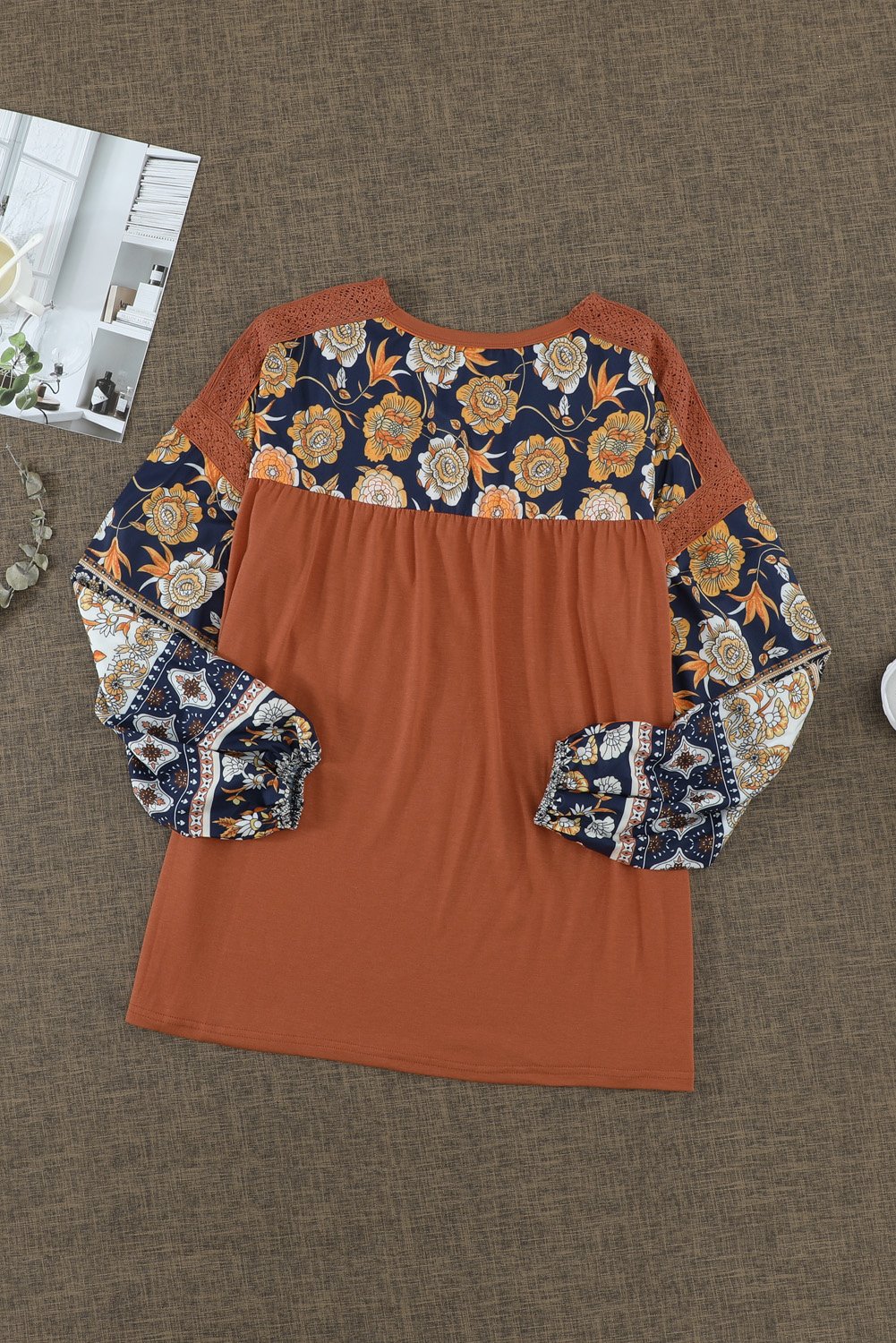 Boho Balloon Sleeve Top featuring retro floral prints and lace details in warm brown color.