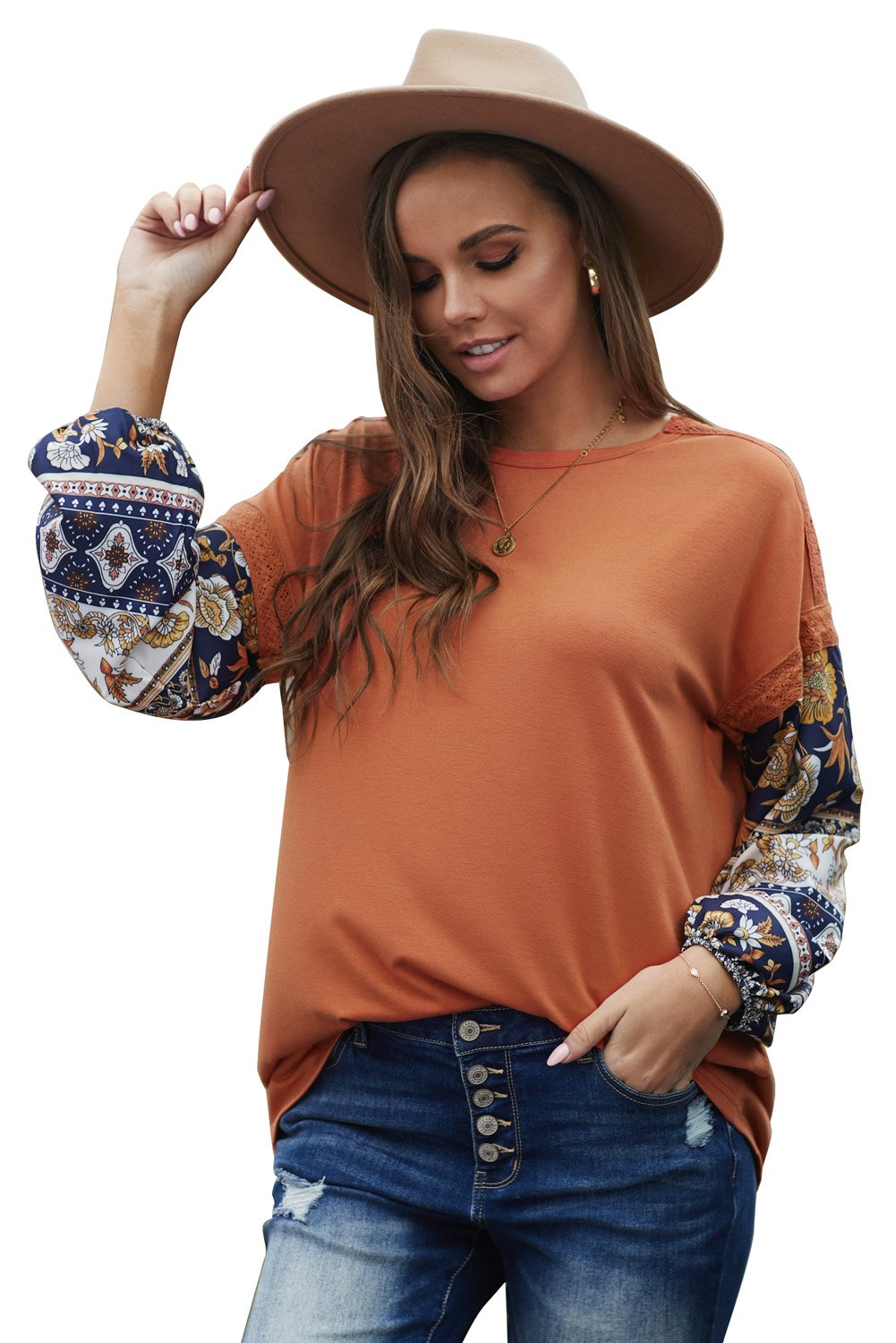 Boho Balloon Sleeve Top featuring retro floral prints and lace details in warm brown color.