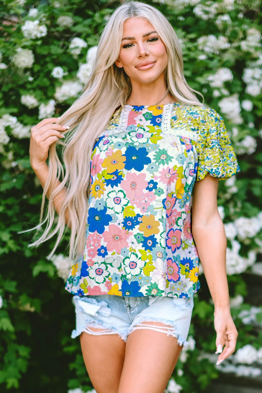 A stylish Bubble Sleeve Lace Trim Floral Blouse featuring a vibrant floral print and delicate lace detailing, perfect for casual and formal occasions.