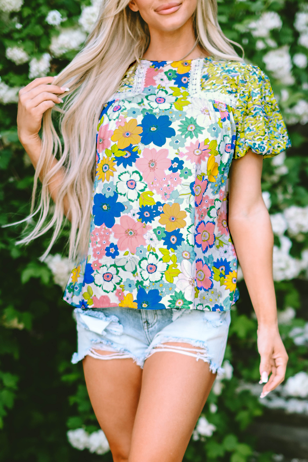 A stylish Bubble Sleeve Lace Trim Floral Blouse featuring a vibrant floral print and delicate lace detailing, perfect for casual and formal occasions.