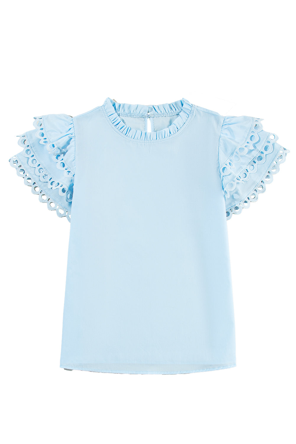 Elegant Cap Sleeve Filled Neck Blouse in Beau Blue with ruffle details and stand neck design, perfect for various occasions.