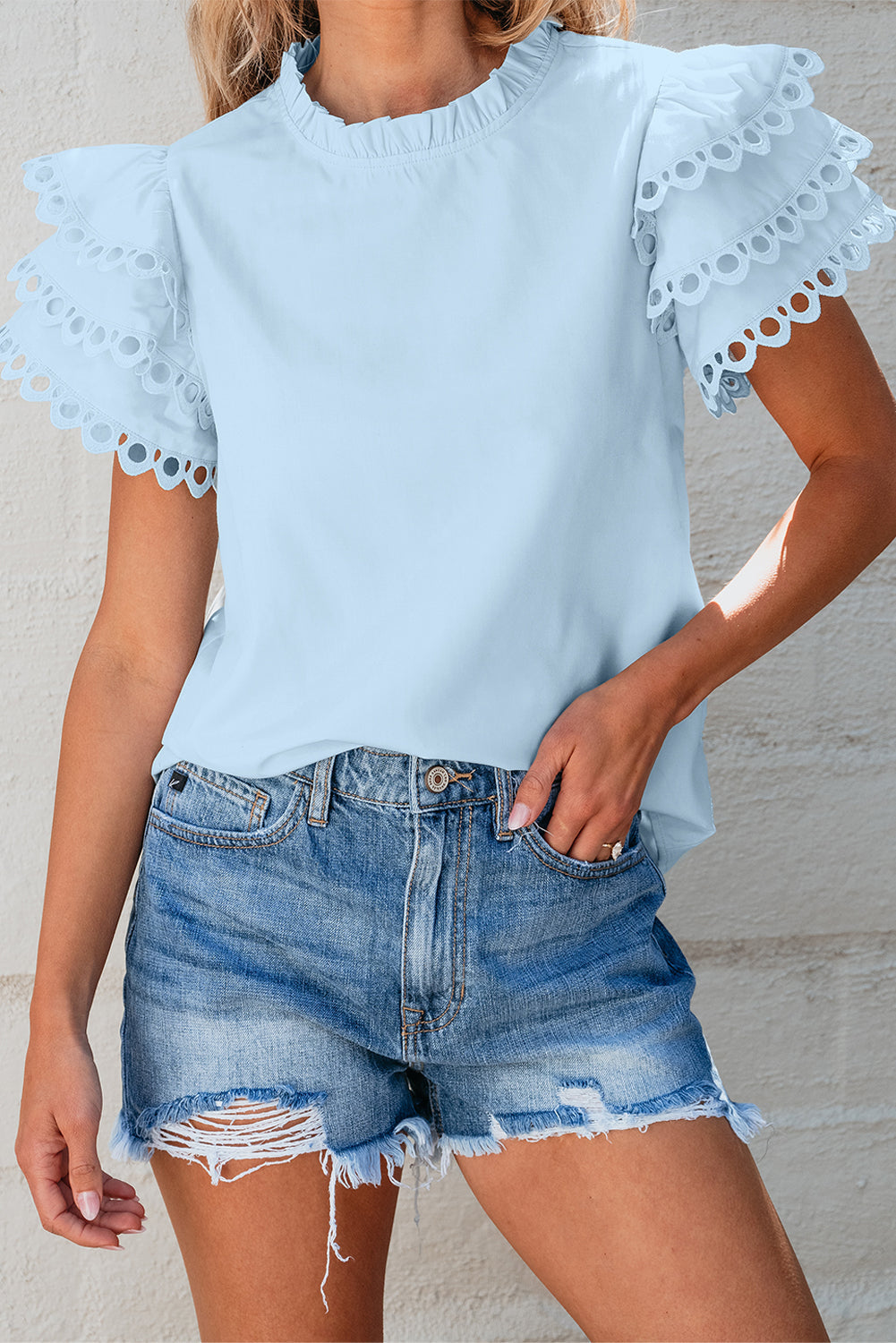 Elegant Cap Sleeve Filled Neck Blouse in Beau Blue with ruffle details and stand neck design, perfect for various occasions.