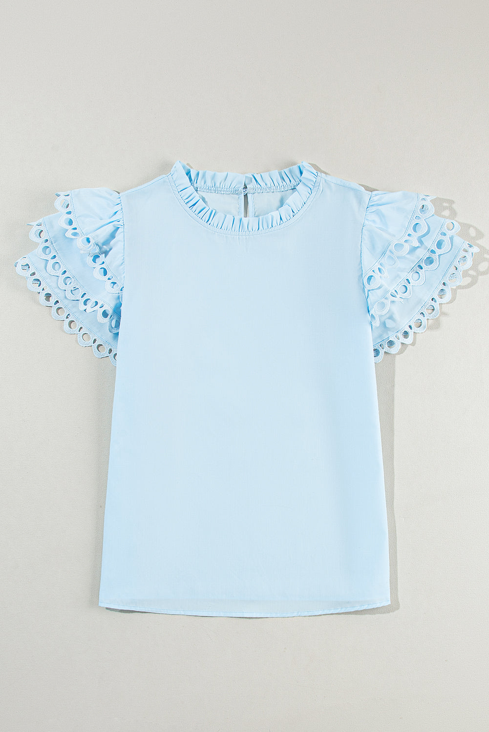 Elegant Cap Sleeve Filled Neck Blouse in Beau Blue with ruffle details and stand neck design, perfect for various occasions.