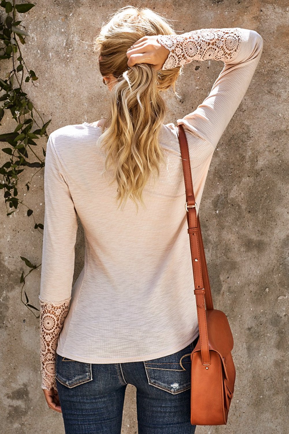 Chic beige crochet lace hem sleeve button top featuring elegant lace sleeves and a stylish half-open collar.