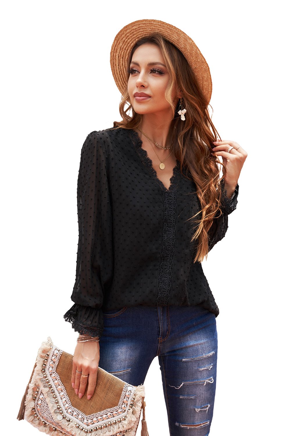 Chic Black Elegant Long Sleeve V-Neck Swiss Dot Lace Blouse with lace trim and full sleeves, perfect for stylish outfits.