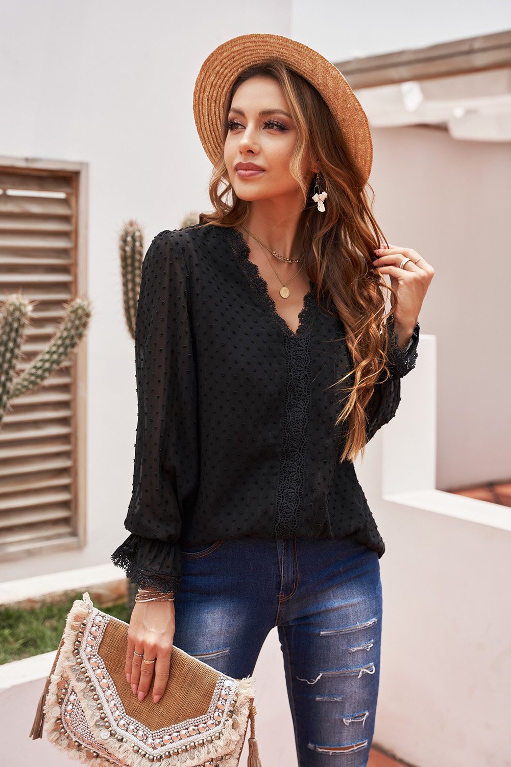 Chic Black Elegant Long Sleeve V-Neck Swiss Dot Lace Blouse with lace trim and full sleeves, perfect for stylish outfits.