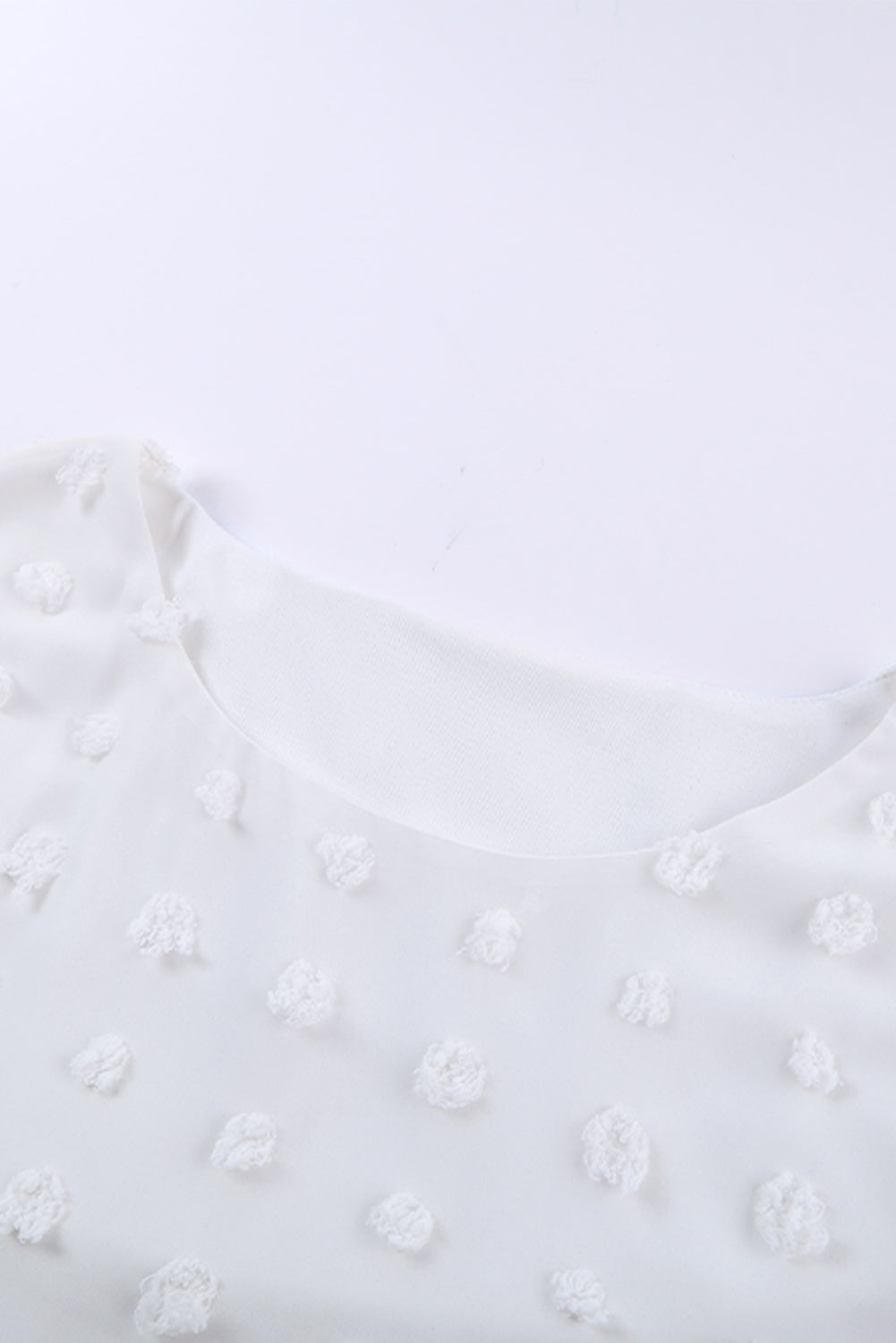 Chic White Swiss Dot Texture Round Neck Short Sleeve Top displayed on a mannequin, showcasing its elegant design and soft fabric.