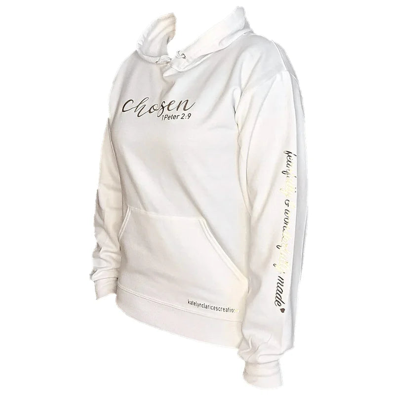 A cozy Chosen (GOD'S CHILD) Hoodie featuring a double-lined hood, pouch pocket, and soft fabric blend, perfect for casual wear.