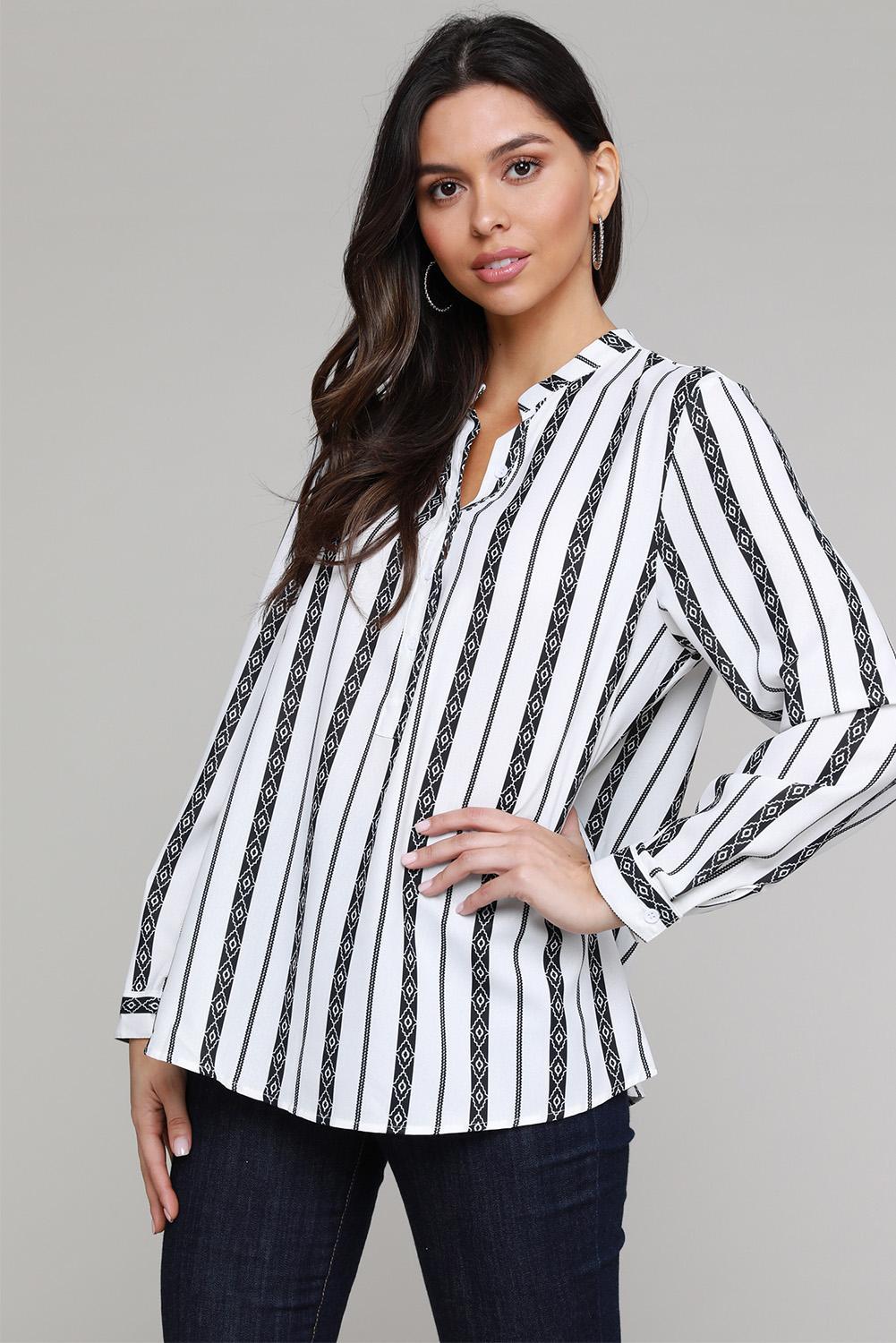 Classic black and white striped blouse with v-neck and button-up front, featuring long sleeves and a bohemian style.