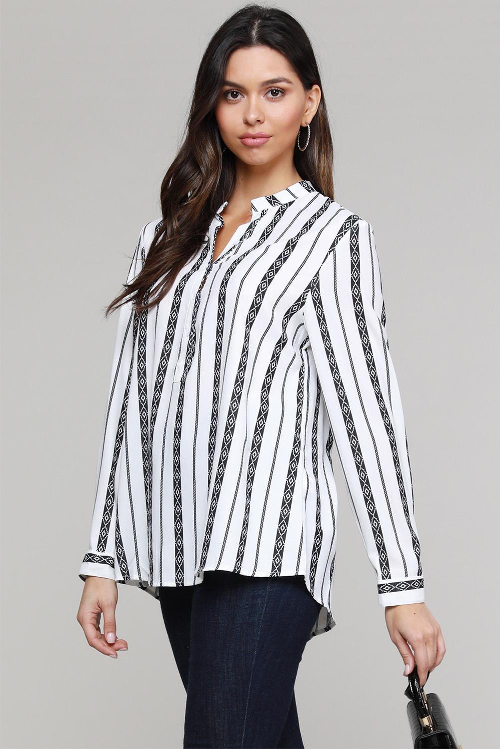 Classic black and white striped blouse with v-neck and button-up front, featuring long sleeves and a bohemian style.