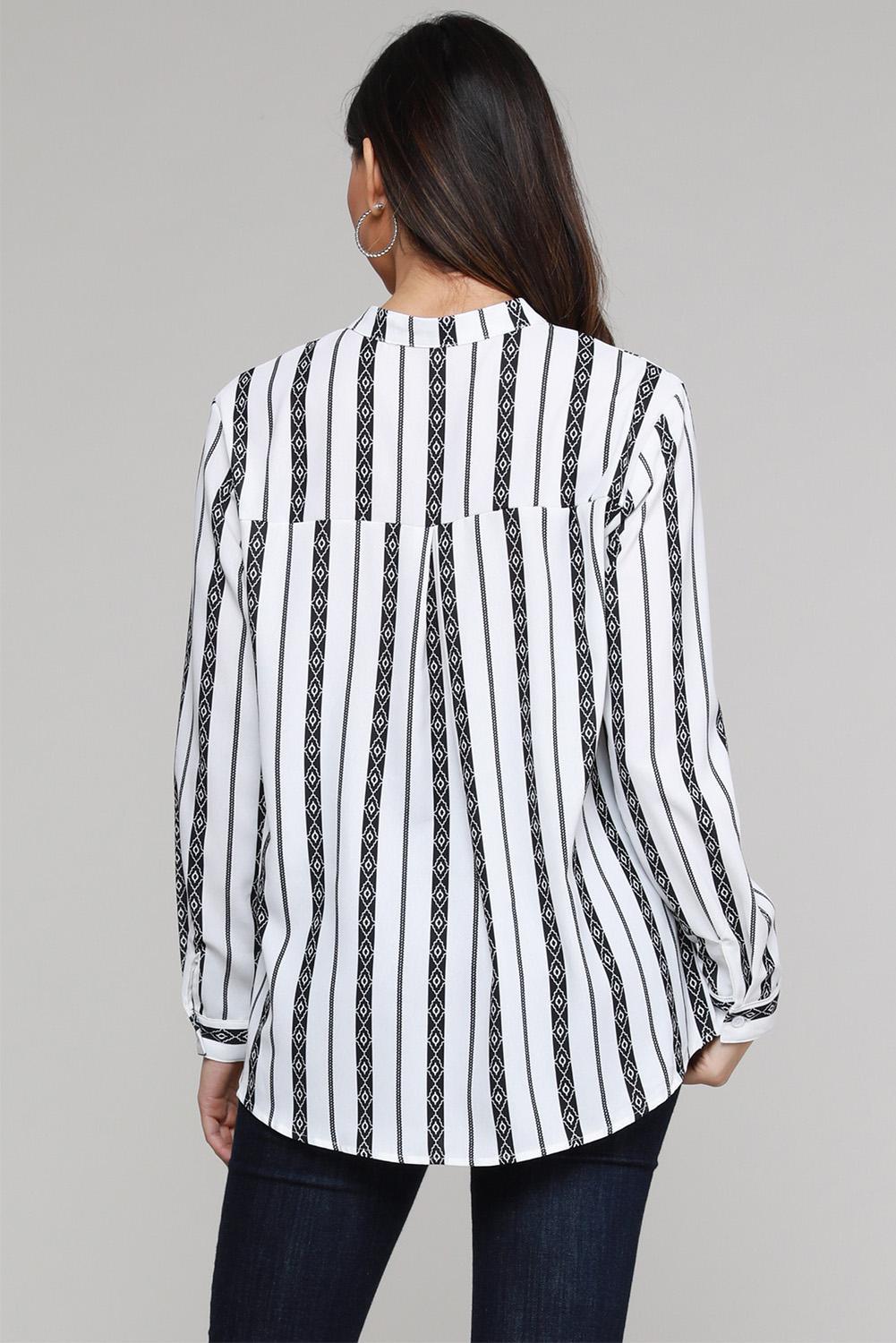 Classic black and white striped blouse with v-neck and button-up front, featuring long sleeves and a bohemian style.