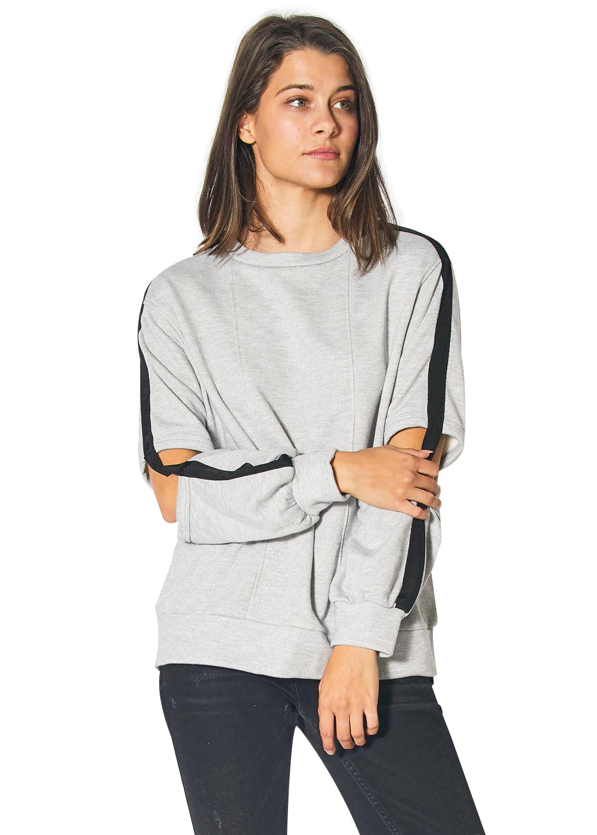 Heather grey Cold Elbow Sweatshirt featuring a stylish cold elbow design, made from a soft cotton-polyester-rayon blend.