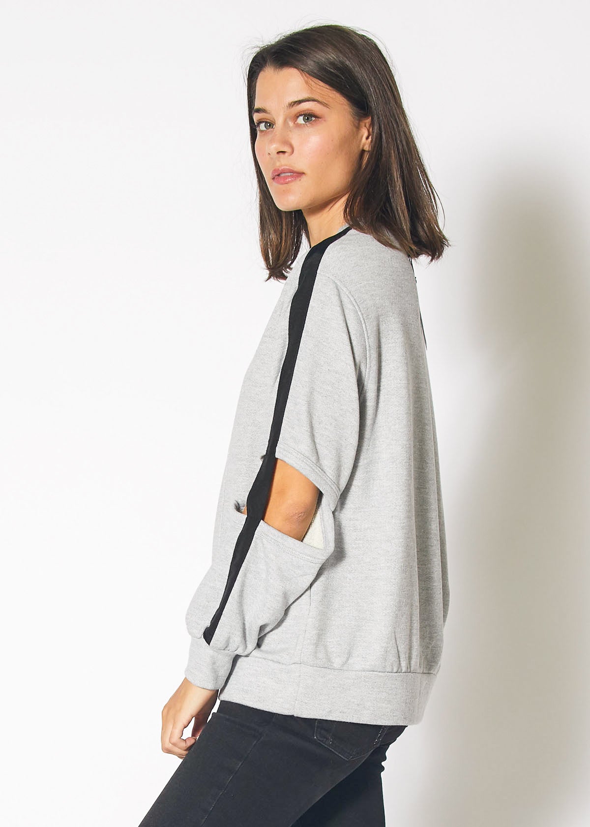 Heather grey Cold Elbow Sweatshirt featuring a stylish cold elbow design, made from a soft cotton-polyester-rayon blend.