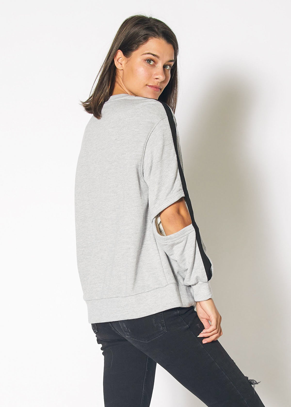 Heather grey Cold Elbow Sweatshirt featuring a stylish cold elbow design, made from a soft cotton-polyester-rayon blend.