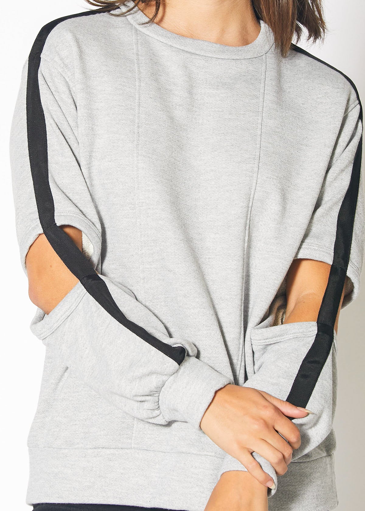 Heather grey Cold Elbow Sweatshirt featuring a stylish cold elbow design, made from a soft cotton-polyester-rayon blend.