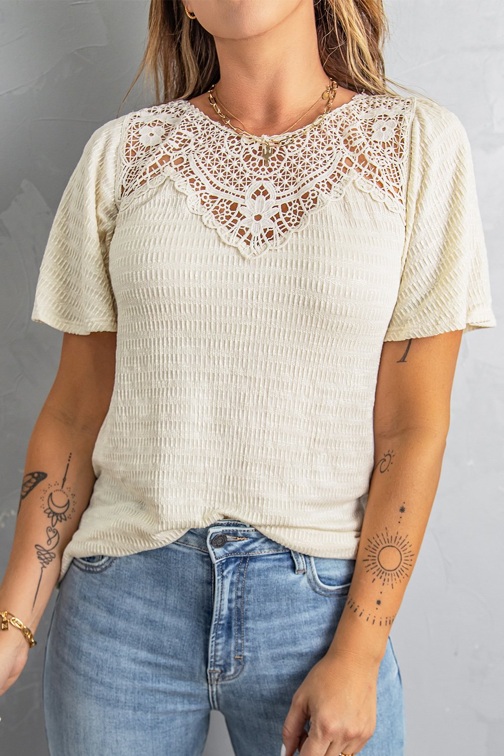 A stylish apricot crochet short sleeve top featuring a lace design, perfect for summer wear.