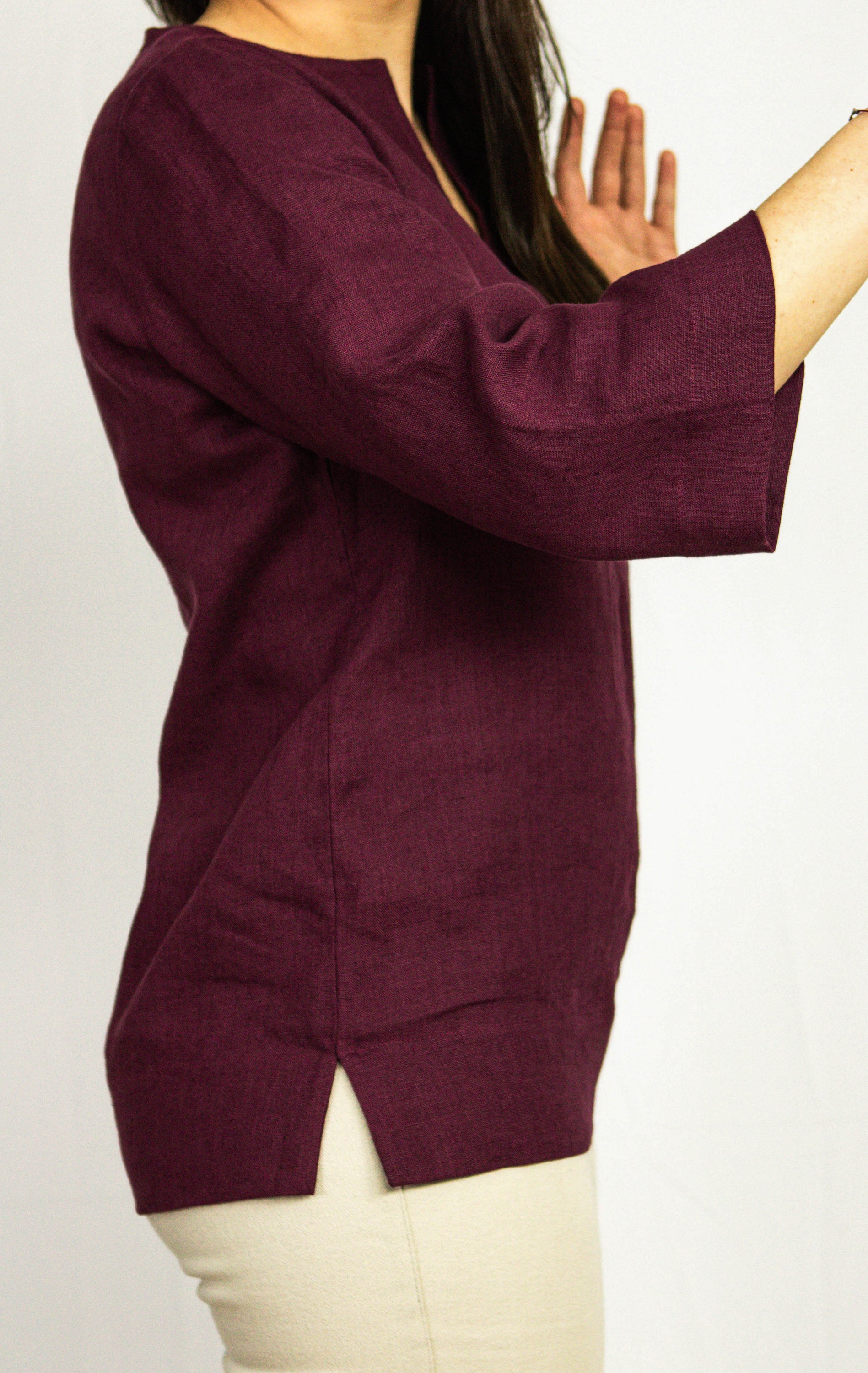 Dark Plum linen oversize top showcasing its elegant design and quality stitching, perfect for casual and holiday wear.