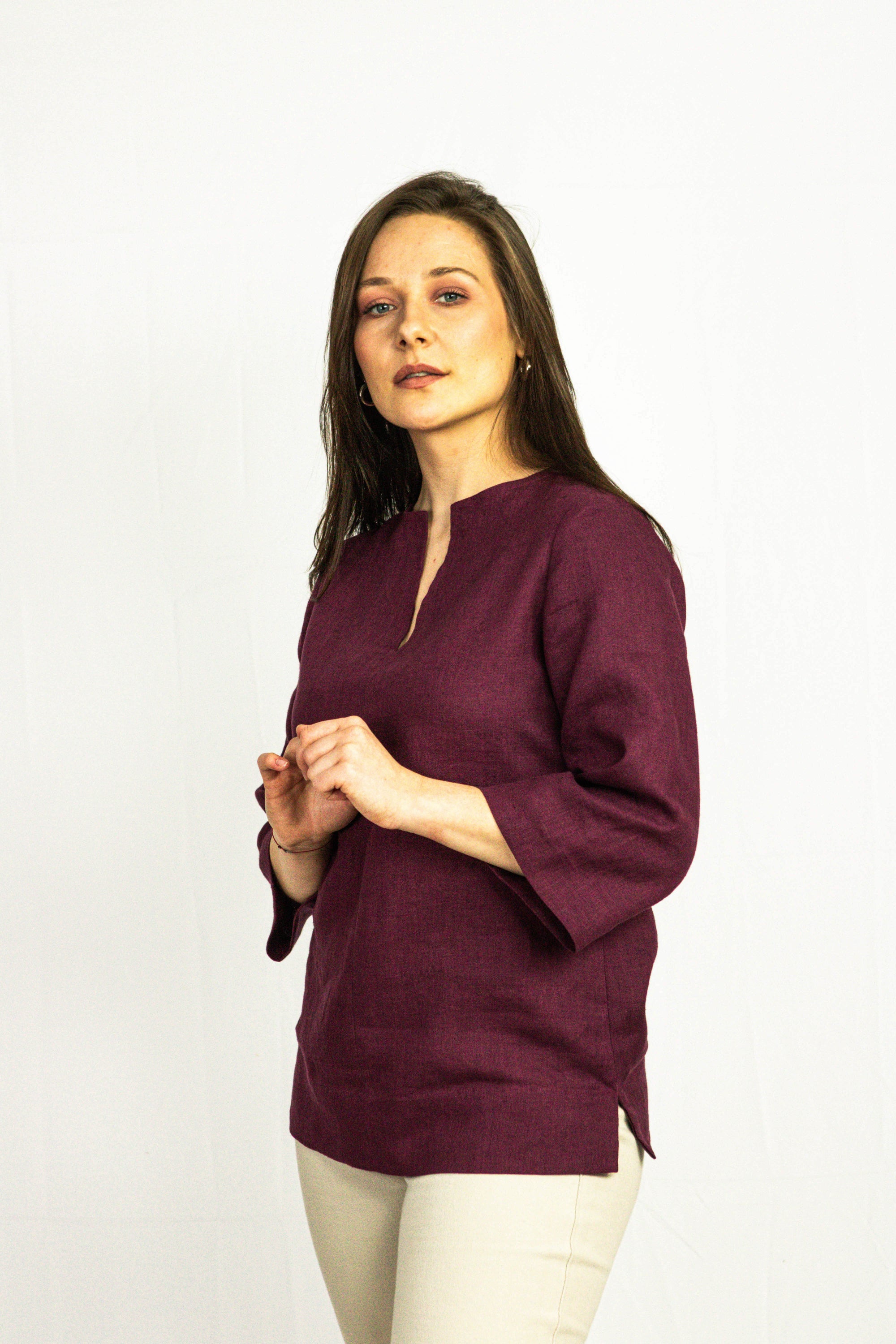 Dark Plum linen oversize top showcasing its elegant design and quality stitching, perfect for casual and holiday wear.