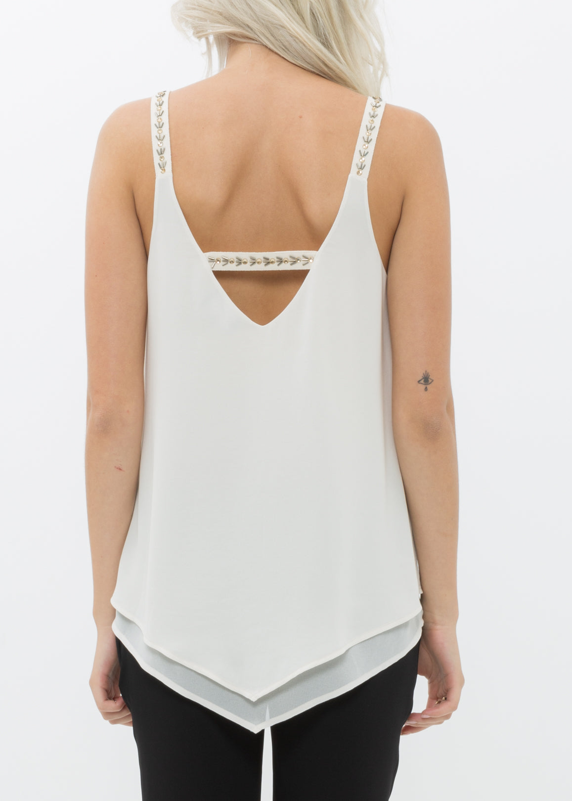 Embellished chiffon camisole top in cream, featuring delicate lace and stylish embellishments, perfect for layering.