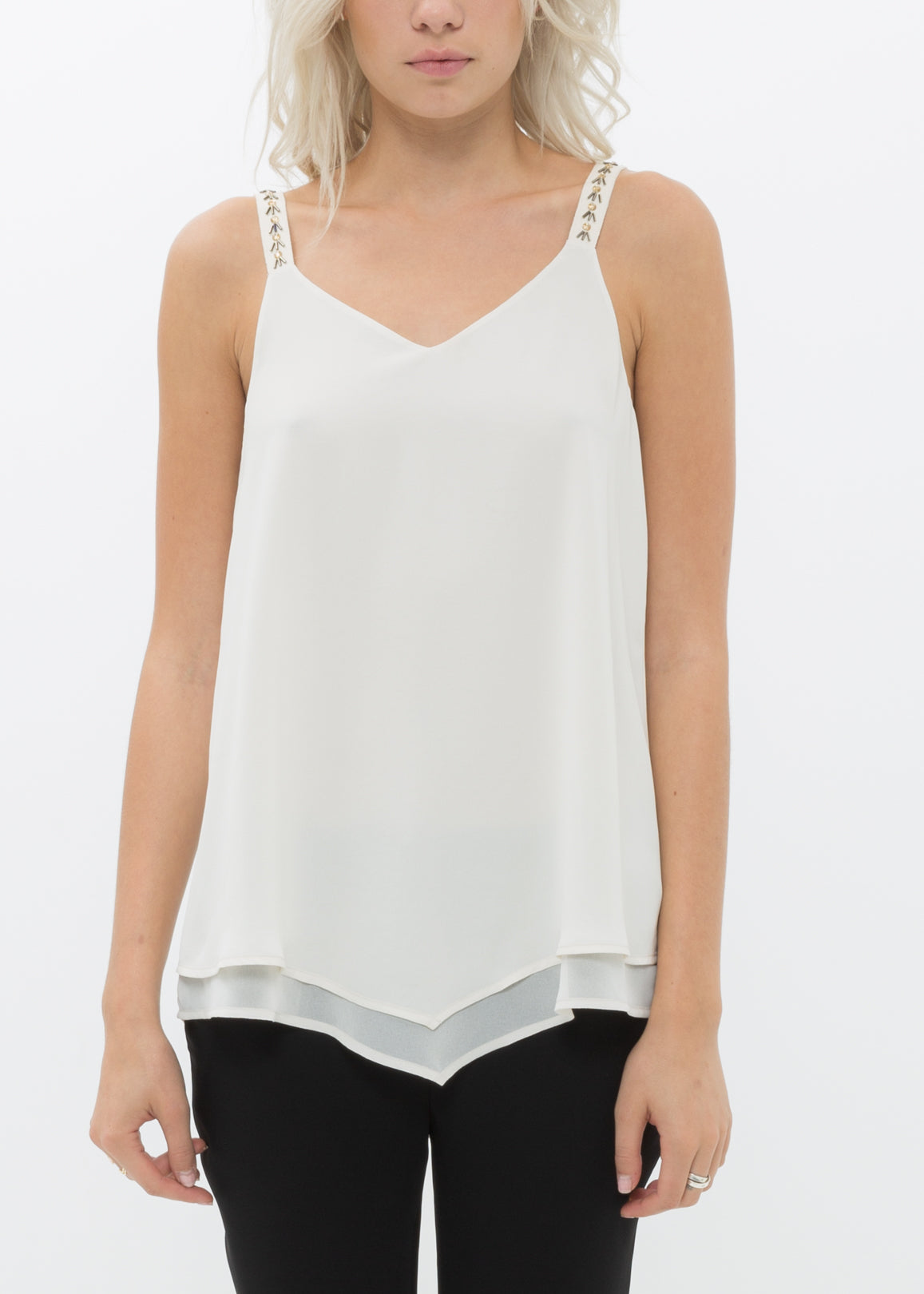 Embellished chiffon camisole top in cream, featuring delicate lace and stylish embellishments, perfect for layering.