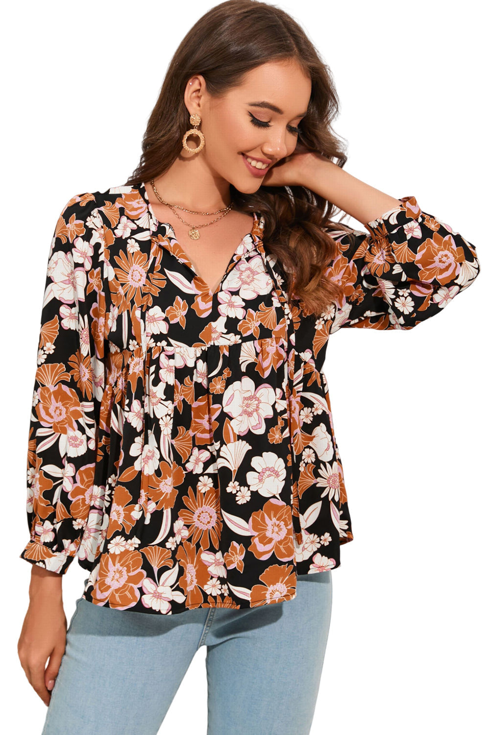 A stylish Floral Babydoll Blouse featuring a vibrant floral pattern, tie split neck, and bracelet sleeves, perfect for any occasion.