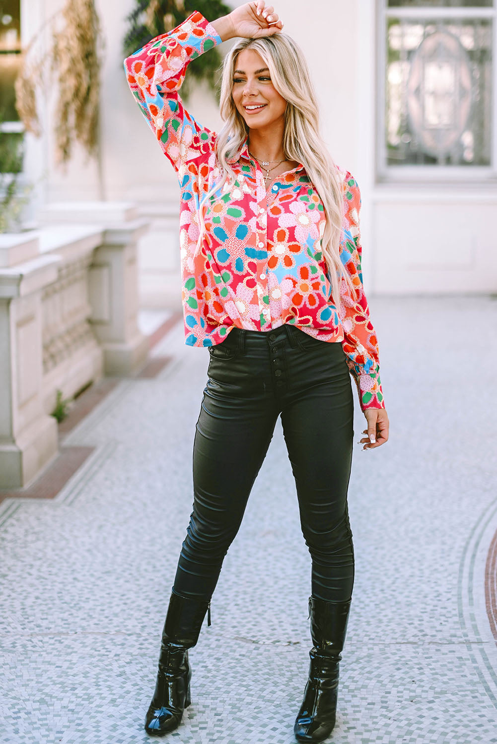 A stylish Floral Print Bubble Sleeve Shirt featuring vibrant floral patterns and elegant bubble sleeves, perfect for casual or formal occasions.