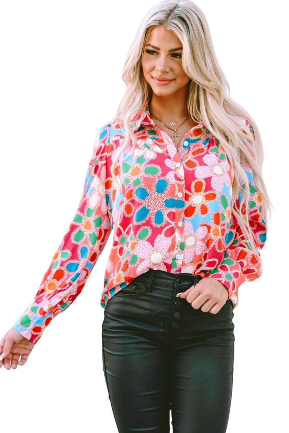 A stylish Floral Print Bubble Sleeve Shirt featuring vibrant floral patterns and elegant bubble sleeves, perfect for casual or formal occasions.