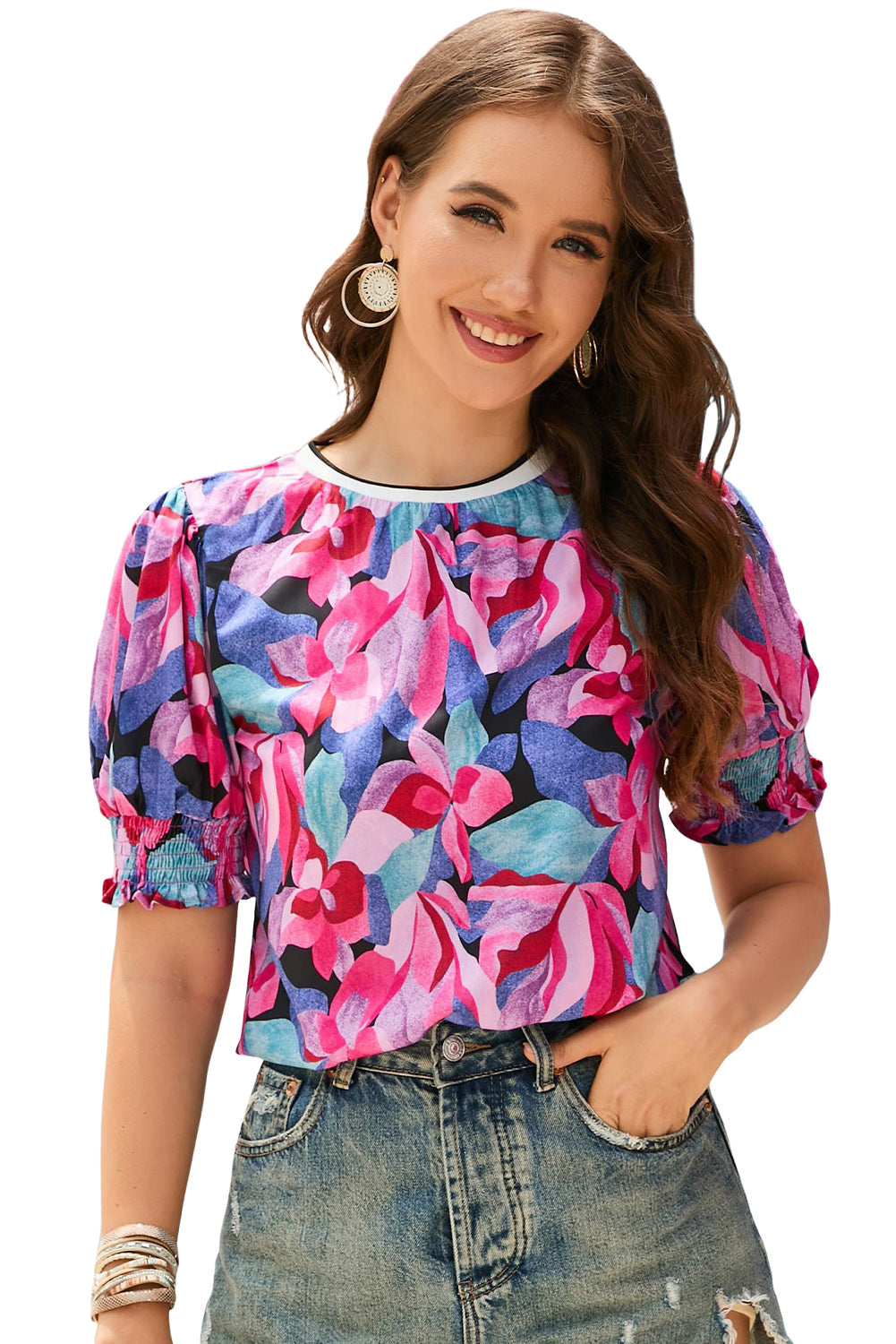 Floral Print Shirred Puff Blouse featuring vibrant colors and dramatic puff sleeves, perfect for any occasion.